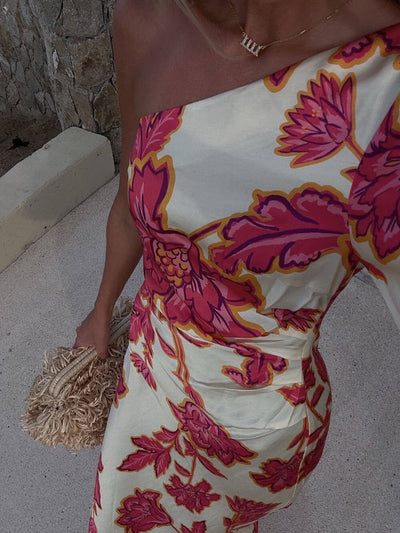 Vestito lungo maxi a manica unica con stampa floreale in raso unico