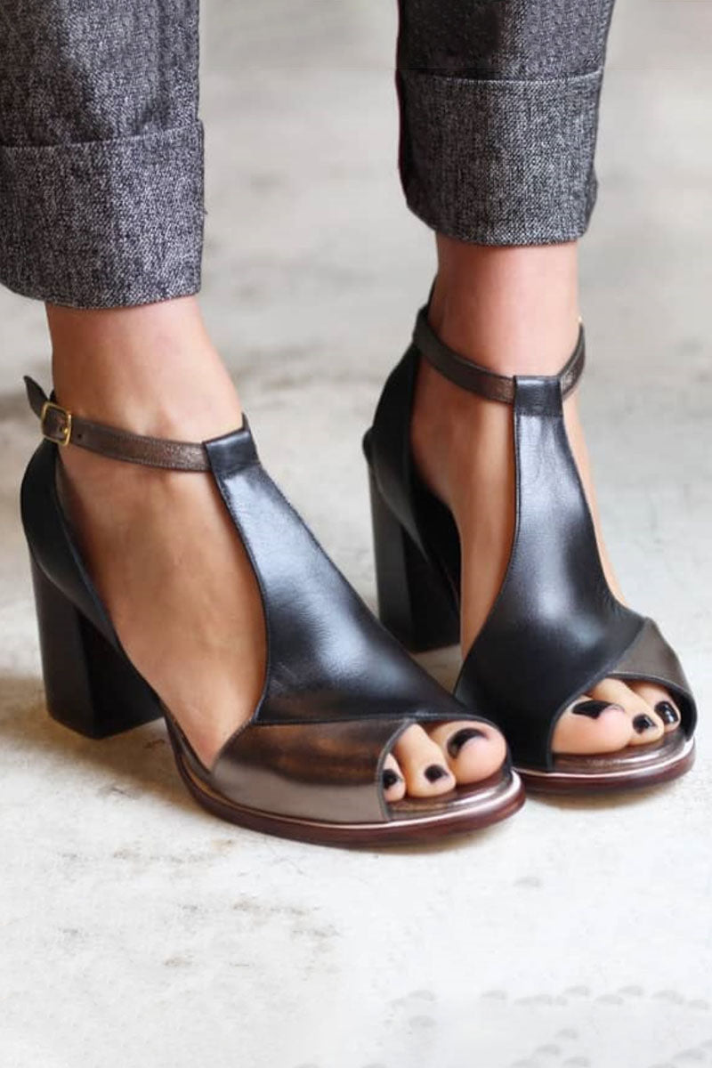 Anyao™ Eleganti Sandali con Tacco e Punta Aperta in Patchwork Nero – Perfetti per Ogni Occasione