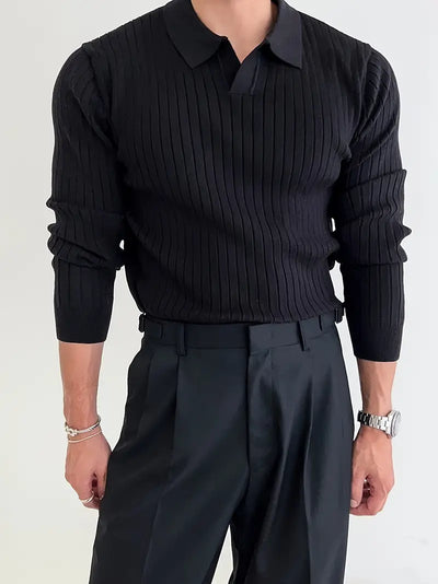 Maglione polo a coste fini con maniche lunghe