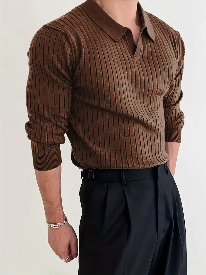 Maglione polo a coste fini con maniche lunghe
