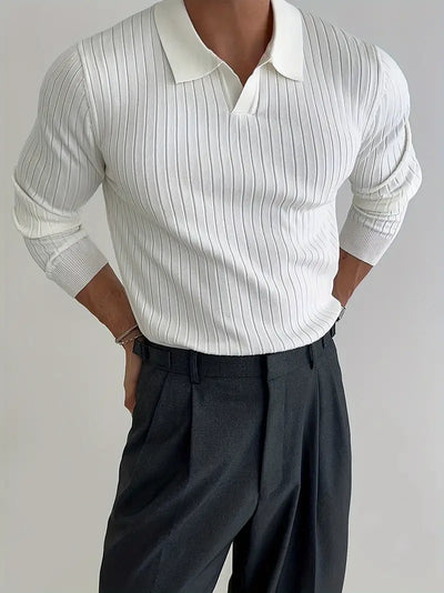 Maglione polo a coste fini con maniche lunghe