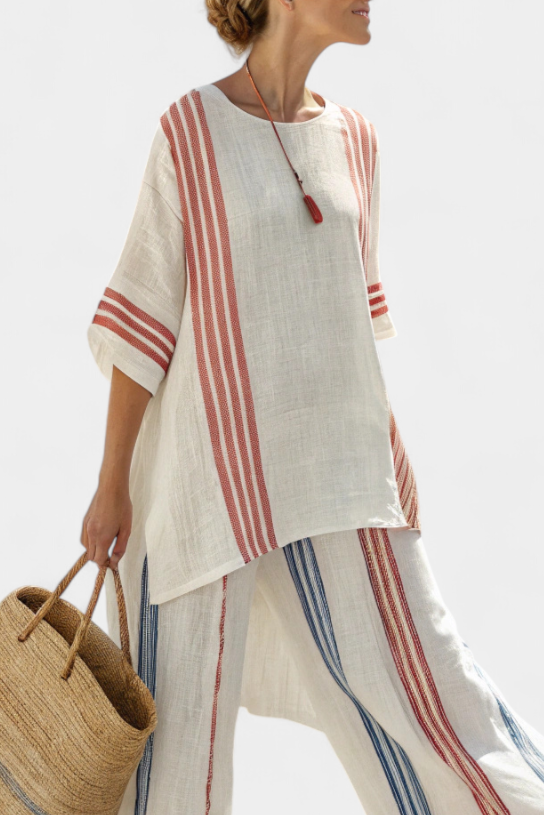 Elegante Set Mediterraneo in Lino e Bambù con Strisce Multicolore per uno Stile Estivo