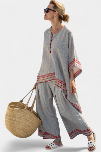 Set etnico Daisy in lino di bambù con camicetta asimmetrica e pantaloni larghi per uno stile elegante e confortevole