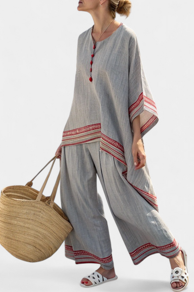 Set etnico Daisy in lino di bambù con camicetta asimmetrica e pantaloni larghi per uno stile elegante e confortevole