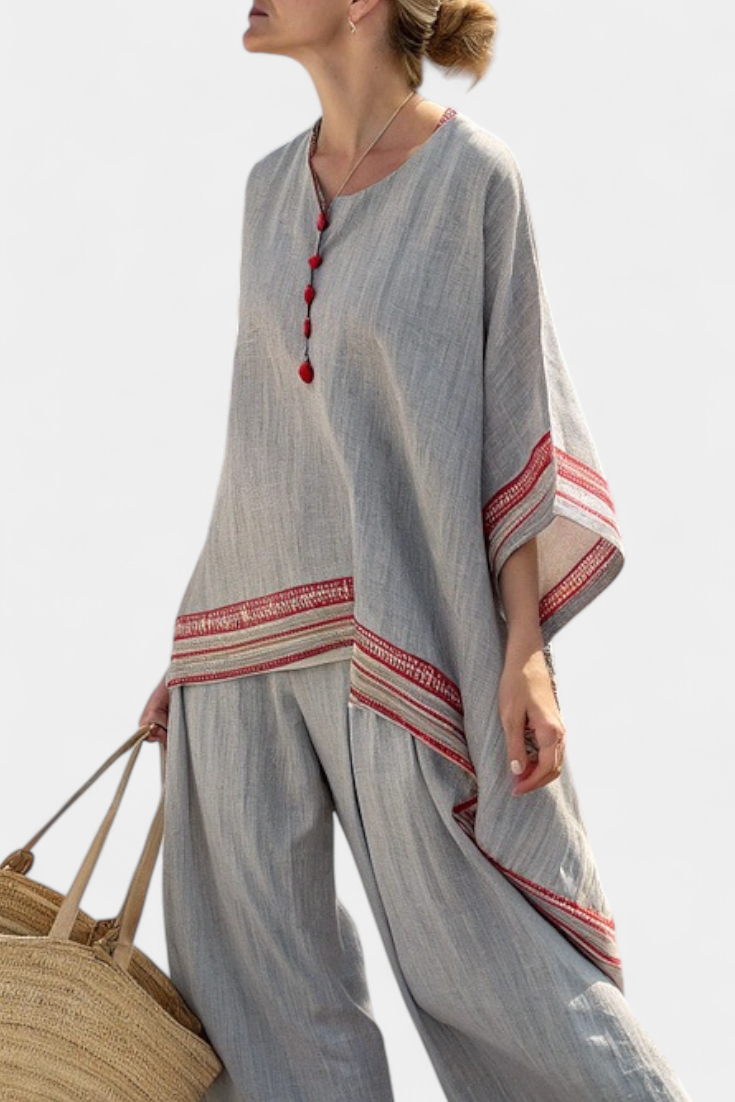 Set etnico Daisy in lino di bambù con camicetta asimmetrica e pantaloni larghi per uno stile elegante e confortevole
