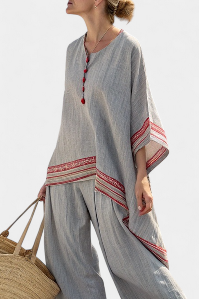 Set etnico Daisy in lino di bambù con camicetta asimmetrica e pantaloni larghi per uno stile elegante e confortevole