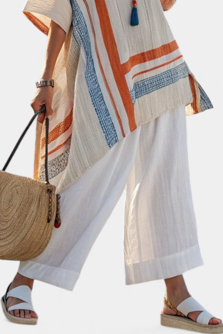 Completo di Blusa Asimmetrica in Lino di Bambù e Pantaloni Larghi – Modello Daisy