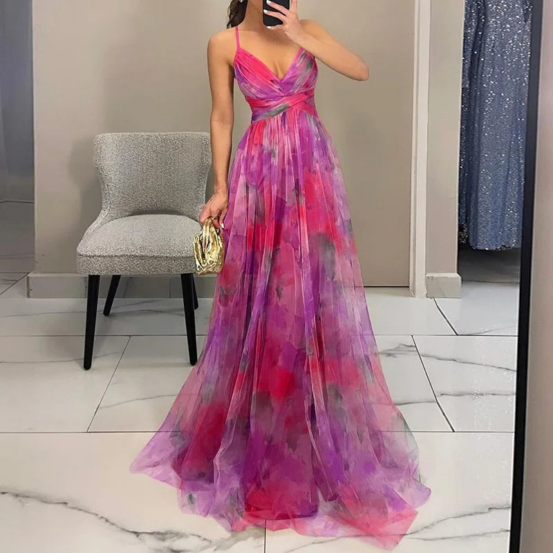 Giselle - Elegante Maxi Abito con Stampa Floreale per un Look da Sogno